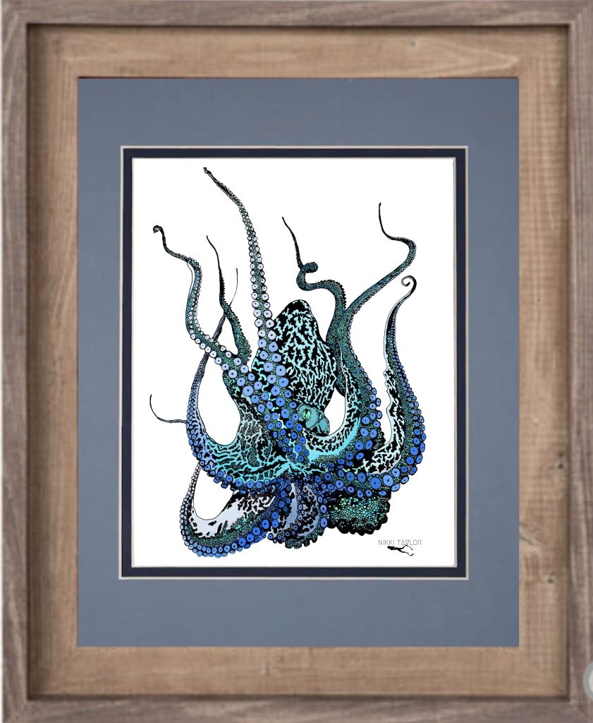 a woodblock print of an octopus in a matted frame.