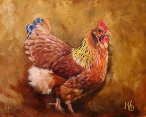 a painting of a red chicken with a bronze and gold background by martha dodd