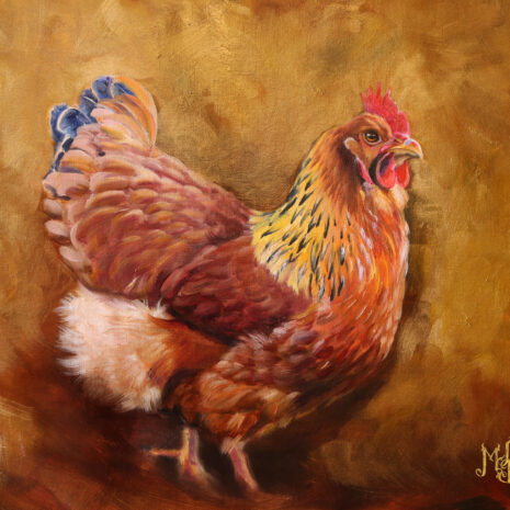 a painting of a red chicken with a bronze and gold background by martha dodd