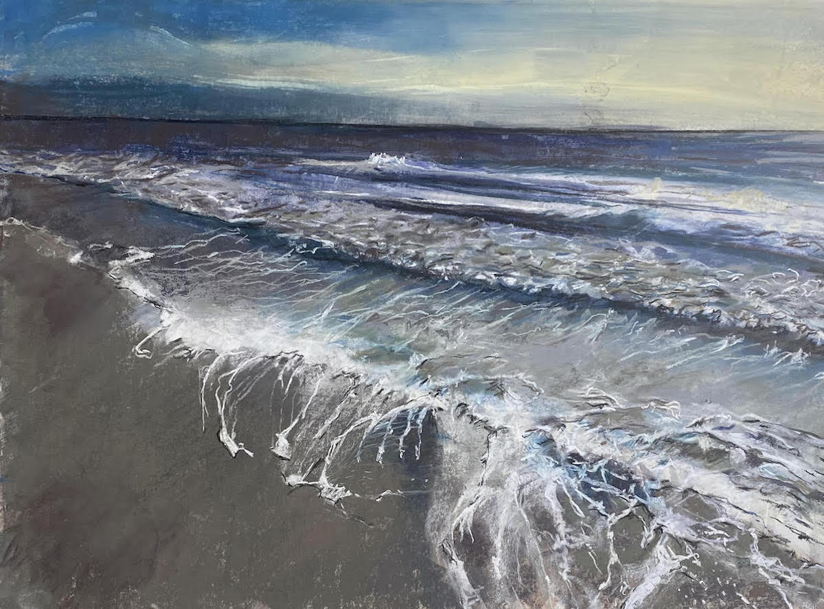 pastel painting of waves on the beach by Suzanne Bennett
