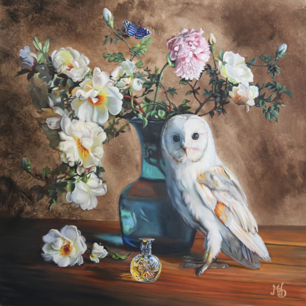 painting of a barn owl next to a floral arrangement by Martha dodd